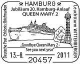 Sonderstempel vom 13.8.2011 Hamburg Jubiläum 20. Hamburg-Anlauf Queen Mary 2